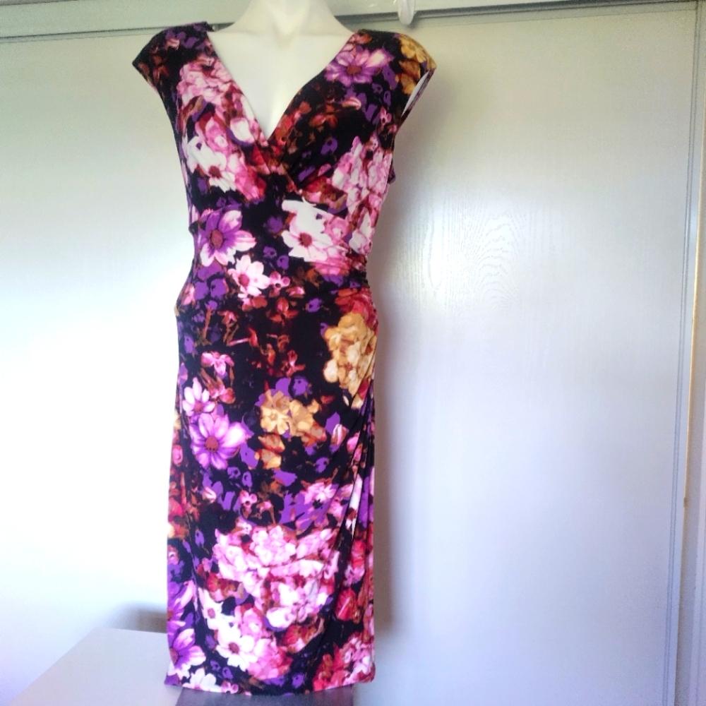 LAUREN RALPH LAUREN Purple Floral Ruched Faux Wrap Dress size 14